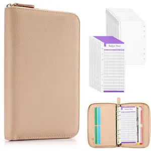 A6 Budget Binder,  Saving Binder with Zipper Envelopes, PU Leather Wallet Budget Planner, Envelopes and Expense Budget Sheets for Budgeting(Beige)