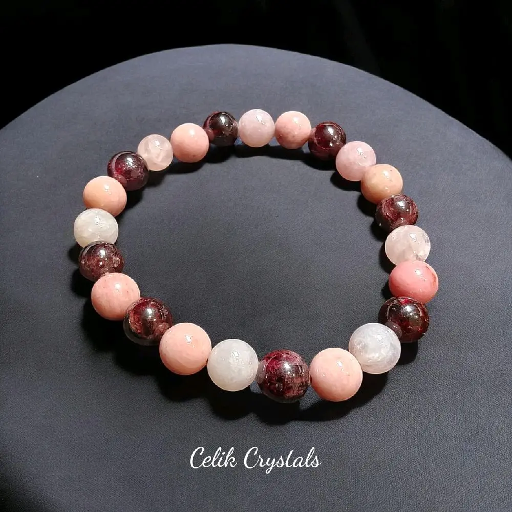 Unisex Natural Garnet Rose Quartz Rhodonite Bracelet - Original 8mm Unique Mix Stone Beads, Female-Friendly Simple Look