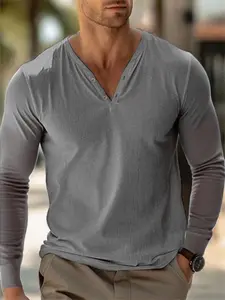 Men's solid-color texture long-sleeved shirt, Henley collar double-button design, slim cut highlights the figure, breathable and skin-friendly, light mature style casual wear suitable for various occasions, high-end but not cheap