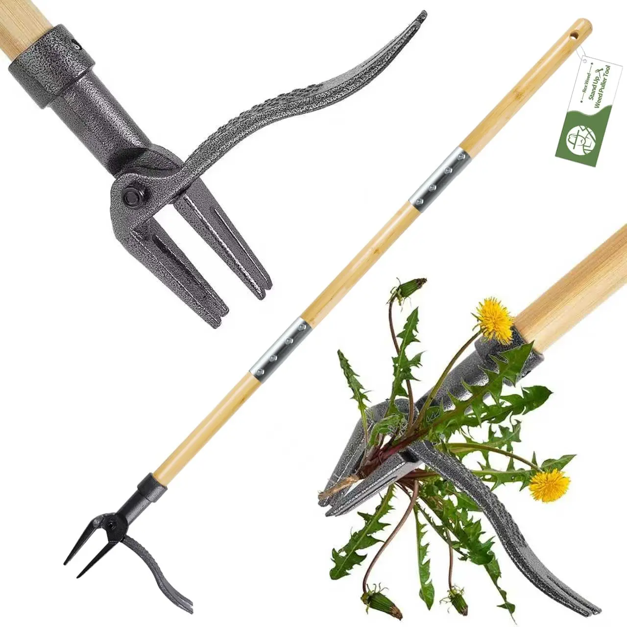 Weed Puller Tool, Stand Up Heavy Duty Weed Remover Tool with Long Handle – 4-Claw Steel Head Weeder for Dandelions, Bamboo Garden Hand Weeding Tool, No Kneeling for Easy Root Removal