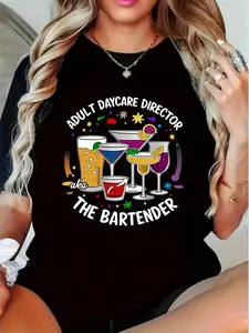 Funny Bartender T-Shirt - Adult Daycare Director & The Bartender Cocktail Party Graphic Tee - Women's Black Crewneck Shirt - Soft Breathable Loose Fit Top for Bartenders, Waitresses, Party Outfit