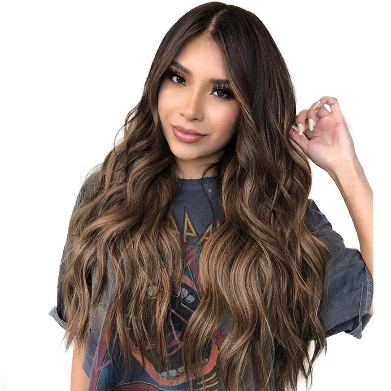 Sohochic AISI HAIR Female 26in Ombre Brown Long Wavy 100% High Quality High Temperature Resistant Heat Friendly Full Machine Wig, Adjustable Cap, Daily Hair Replacement for Concerts