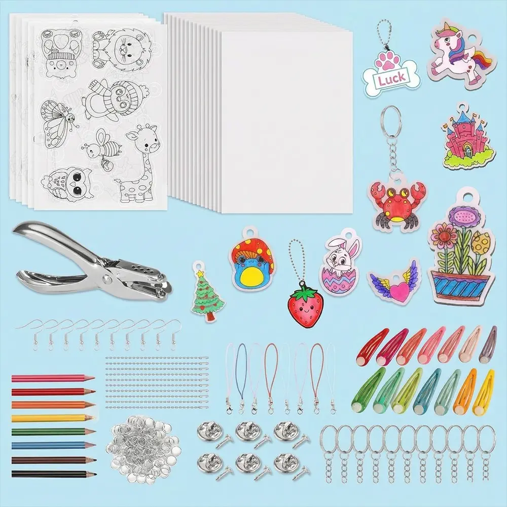 Shrinking Art Sheets Set, 148 PCS Shrinky Art Keychain Set with 20 Pcs Shrinky Paper Sheet, Hole Punch, Colorful Pencils, Keychains, Keychain Charms, DIY Ornaments and Ring Keychains For Spring gifts, Keychain Pendant, Keychain Accessories