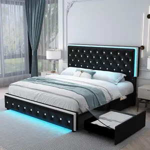 [SummerVibes] SIBEDS LED Bed Frame with Storage Headboard & Drawers, Luxury Upholstered Bed Frame in PU Leather or Velvet, Tufted Adjustable Headboard, No Box Spring Needed, Noise-Free, Full/Queen/King