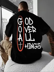 Men Unisex Crewneck "God Over All Things" Christian Statement Tshirt, "God Over All Things" Cross Graphic Print Top, 180GSM Cotton Blend Fabric, Slim Fit Vintage Classic Black & White Tee, Soft Smooth Short Sleeve Clothes, Casual Faith Streetwear