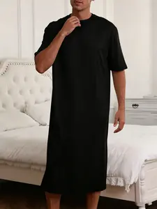 Men's Long Sleepwear Summer Thin Loose Fit Pajamas Pjs, Short Sleeve Side Slit Robe, Comfortable Home Wear Loungewear for Men, Ideal for Warm Weather