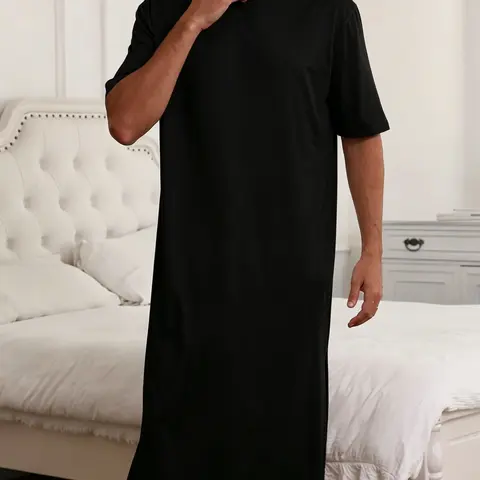 Men's Long Night Sleepwear Summer Thin Loose Fit Oversized Pajamas Pjs, Short Sleeve Side Slit Robe, Comfortable Home Wear Loungewear for Men, Ideal for Warm Weather, Menswear