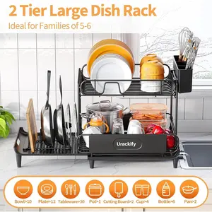 Dish Drying Rack for Kitchen Counter, Expandable 2 Tier Dish Rack, Large Capacity Dish Drainer with Drainboard Multifunctional Dish Strainer with Removable Cutlery Holder Black