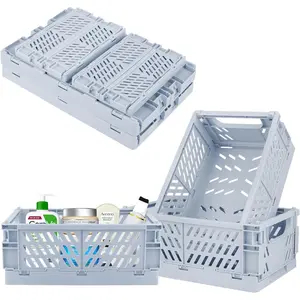 Plastic Storage Baskets for Desk Organizing, Office Drawer Organizer, 2 Medium+2 Small Durable Folding Storage Crate for Home Kitchen Classroom Office Bedroom and Bathroom Storage (Blue)