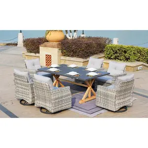 Patio Dining Table Set Aluminum Table with 6 Swivel Chairs in Gray