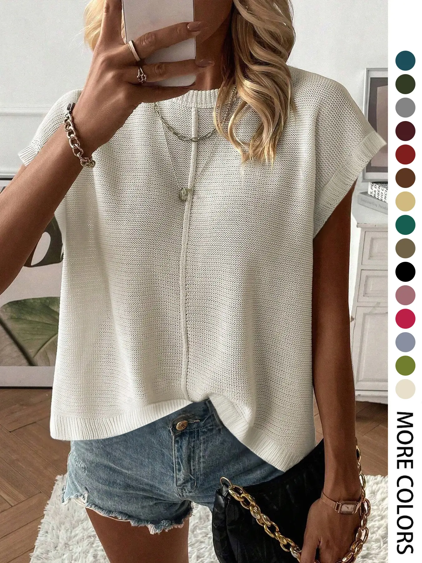Women's Plain Sweater Pullover, Casual Short Sleeve Round Neck Knit Top for Summer, Fashion Women's Knitwear for Daily Wear