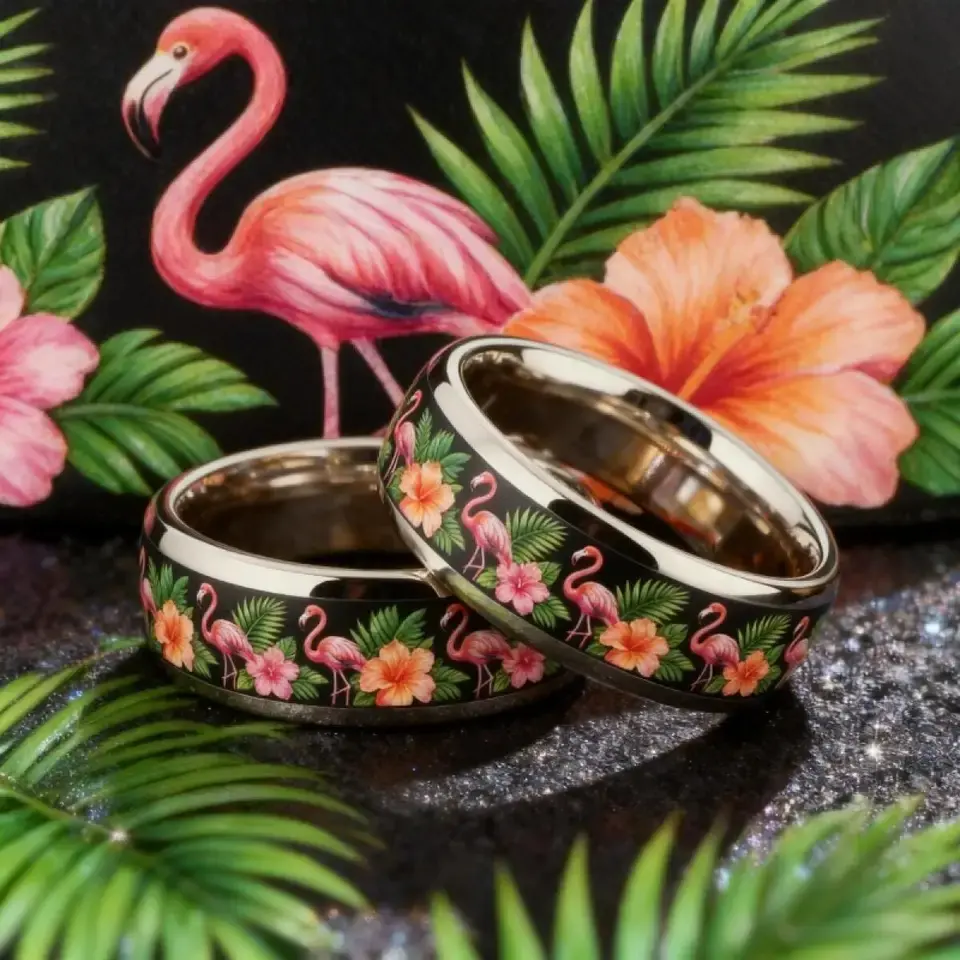 Fashion Men Stainless Steel Ring With Hawaii Pink Flamingo Palm Leaf Inlay Rings for Men Women Wedding Party Jewelry, Non-Fade