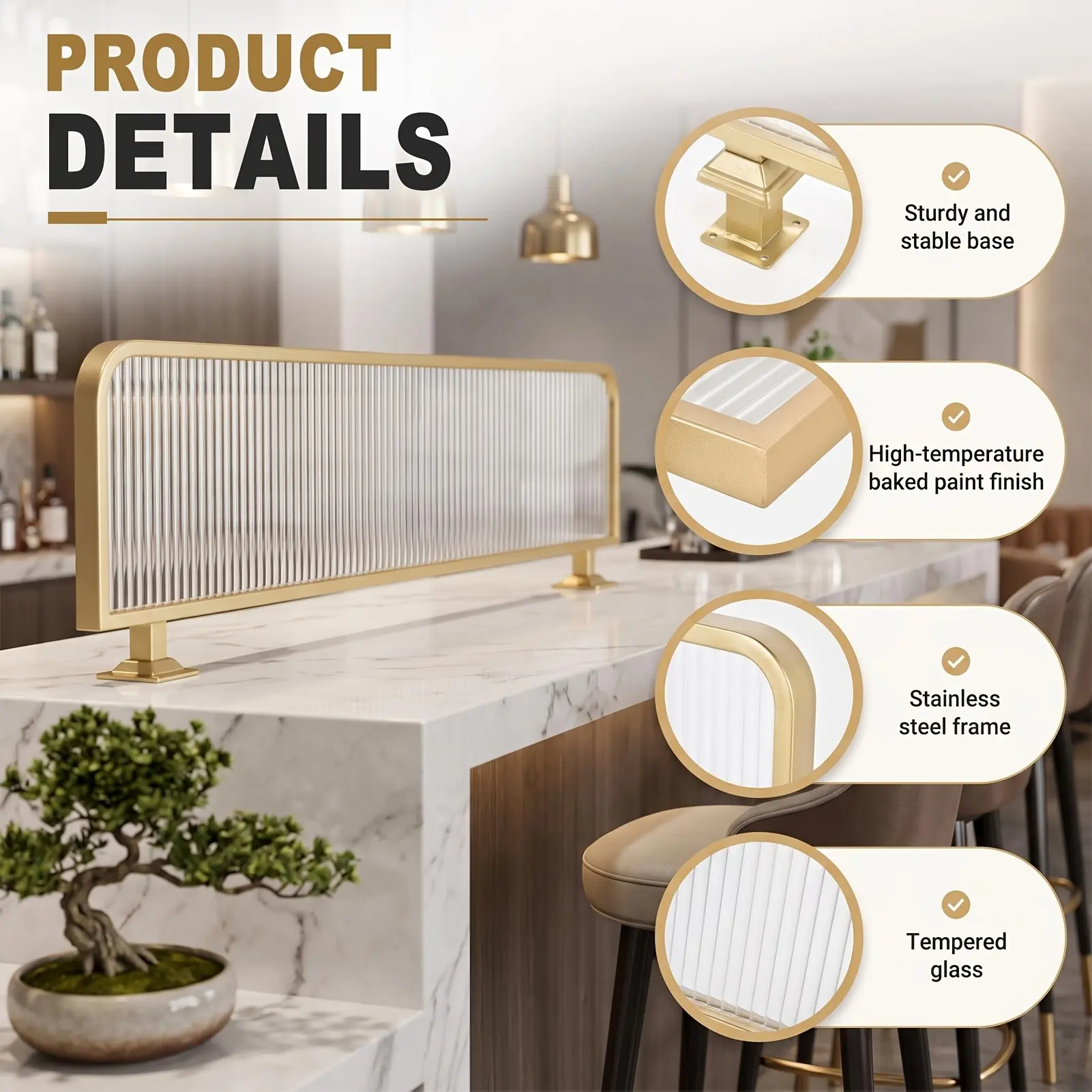 39.37 X 11.81 X 2.76 Inches, Golden Iron Frame And Fluted Glass Screen Divider for Office, Coffee Shop