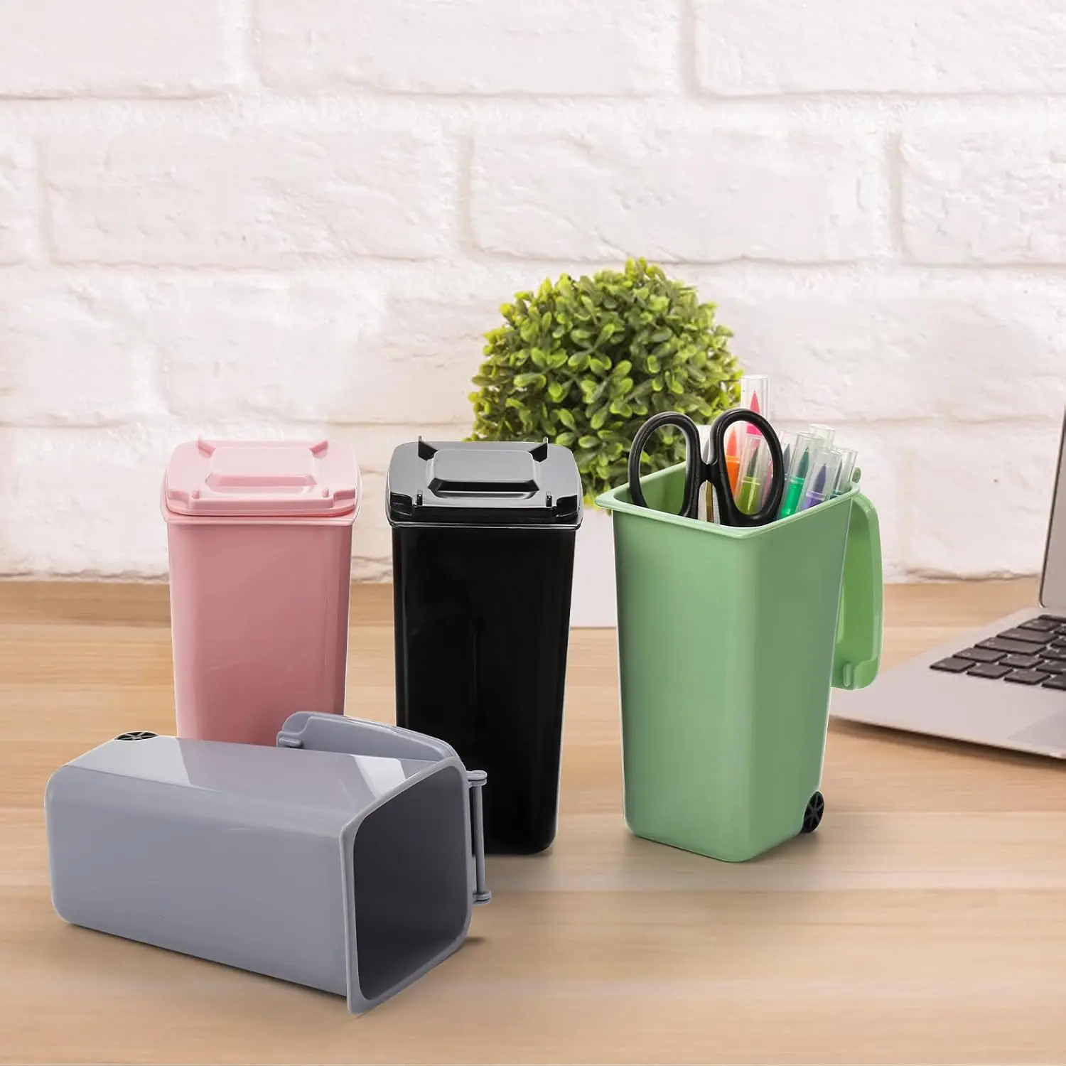 12 Pack Mini Desktop Trash Can with Lid - 22oz Small Space-Saving Flip-Top Bin, 4 Colors (Pink/Green/Blue Gray/Black) with Wheels, Odor-Resistant Stackable Plastic Wastebasket for Office, Kitchen, Home Desk Organizer