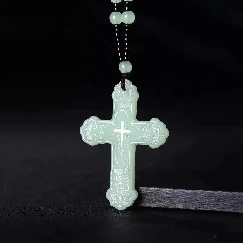 Elegant Natural Hetian Jade Cross Necklace Pendant for Male Adults, Daily Wear Accessory with Friend Color Diamond, Symbolizing Love Legacy & Acceptance