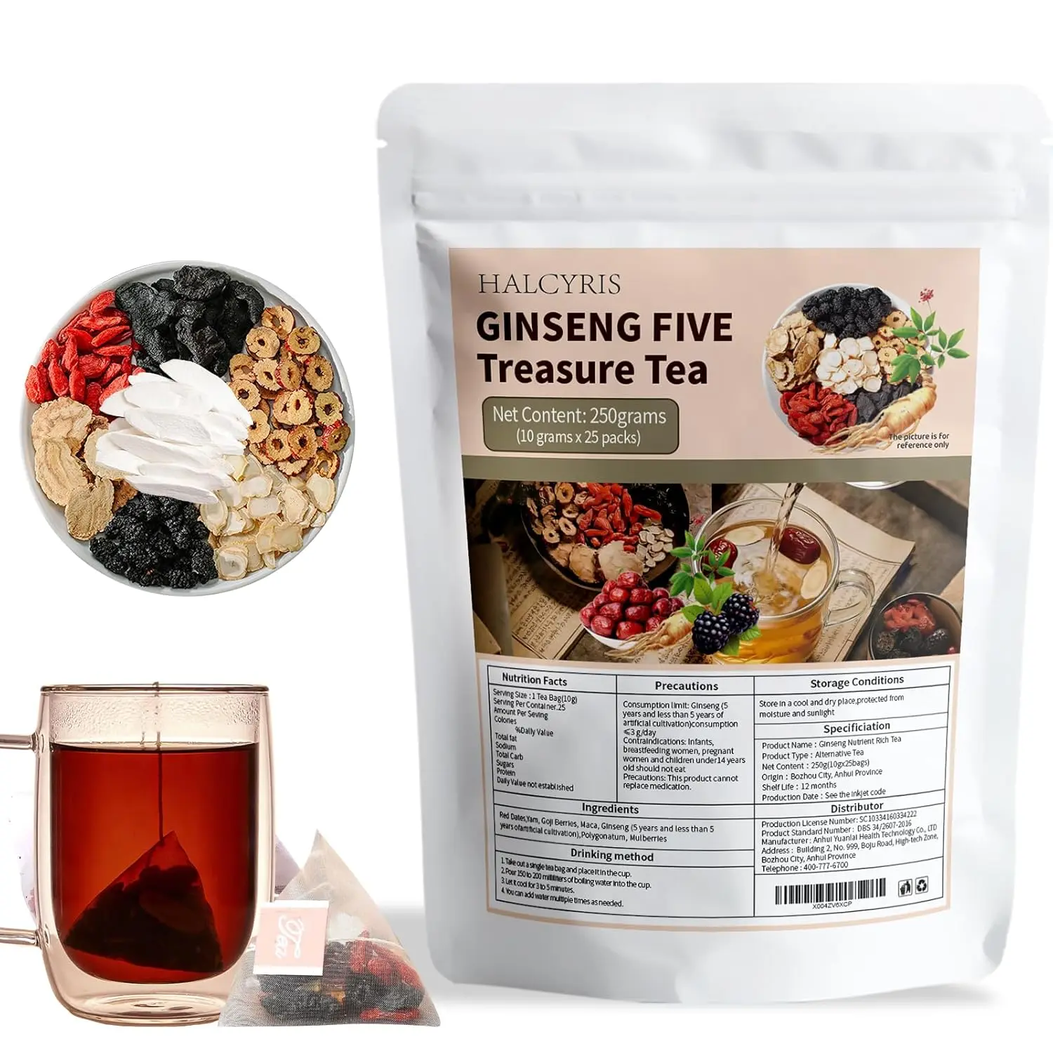 Halcyris Ginseng Five Treasures Herbal Tea Bags with Ginseng, Mulberry & Red Dates, Traditional Caffeine-Free Botanical Tea, Daily Wellness Blend for Men & Women, 30 Tea Bags (5g Each)