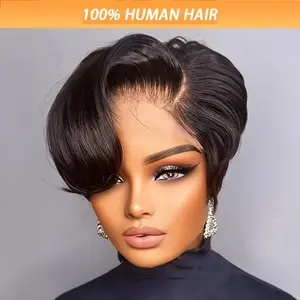 New Wholesale Hot Women'S Short Pixie Cut Bob Wig, 13x4 Brazilian Lace Front, 180% Density, Pre-Plucked Glueless Human Hair, Curly Wave, Natural Hairline, Machine Made, 6 inch, for Christmas Party, Cosplay, Daily Use