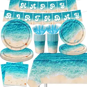 Beach Party Supplies, 142 count  Waves Birthday Party Supplies Tableware Set Summer Pool Party Decorations Plates,Cups,Napkins,Banner,Tablecloth for Hawaiian Party Birthday Decorations