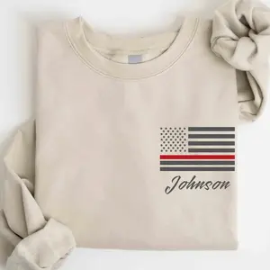 Custom Last Name Firefighter Sweatshirt, Thin Red Line Vertical Flag, Personalized Firefighter Shirt, Custom Fireman Gift, Fireman Wife