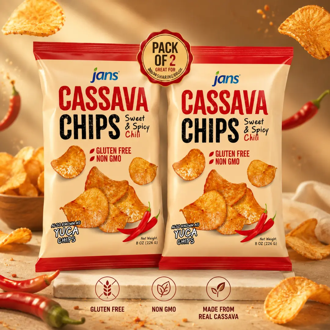 Jans Cassava Chips Sweet & Spicy Chili Flavor 8oz (Pack of 2) — Crunchy Yuca Chips | Cassava Balado