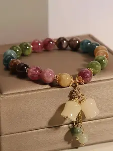 Colorful Topaz Exquisite High Quality Bracelet with Bellflower Pendant Crystal Beads, Hand Carved Gift for Girlfriend Best Friend, Women's Lucky Jade Pearl Necklace