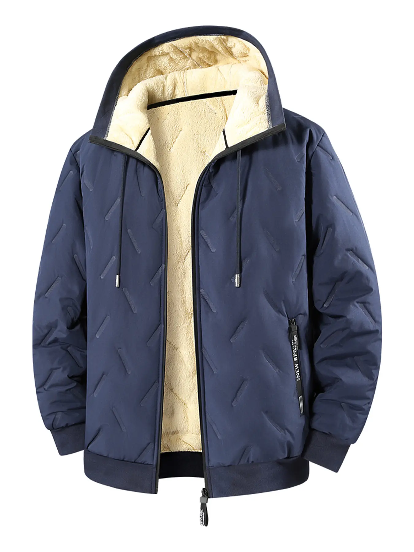 Mr.Pink Menswear Men's Minimalist Plain Fitted Polyester Fleece-Lined Warm Full-Zip Zipper Textured Hooded Jacket - Outdoor Winter Daily Wear, Christmas Gift