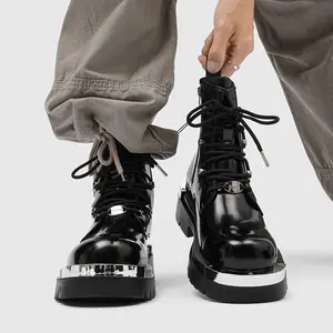 Men's Shiny Patent Leather High Top Boots Thick Sole Metal Decor Motorcycle Fashion Ankle Boots