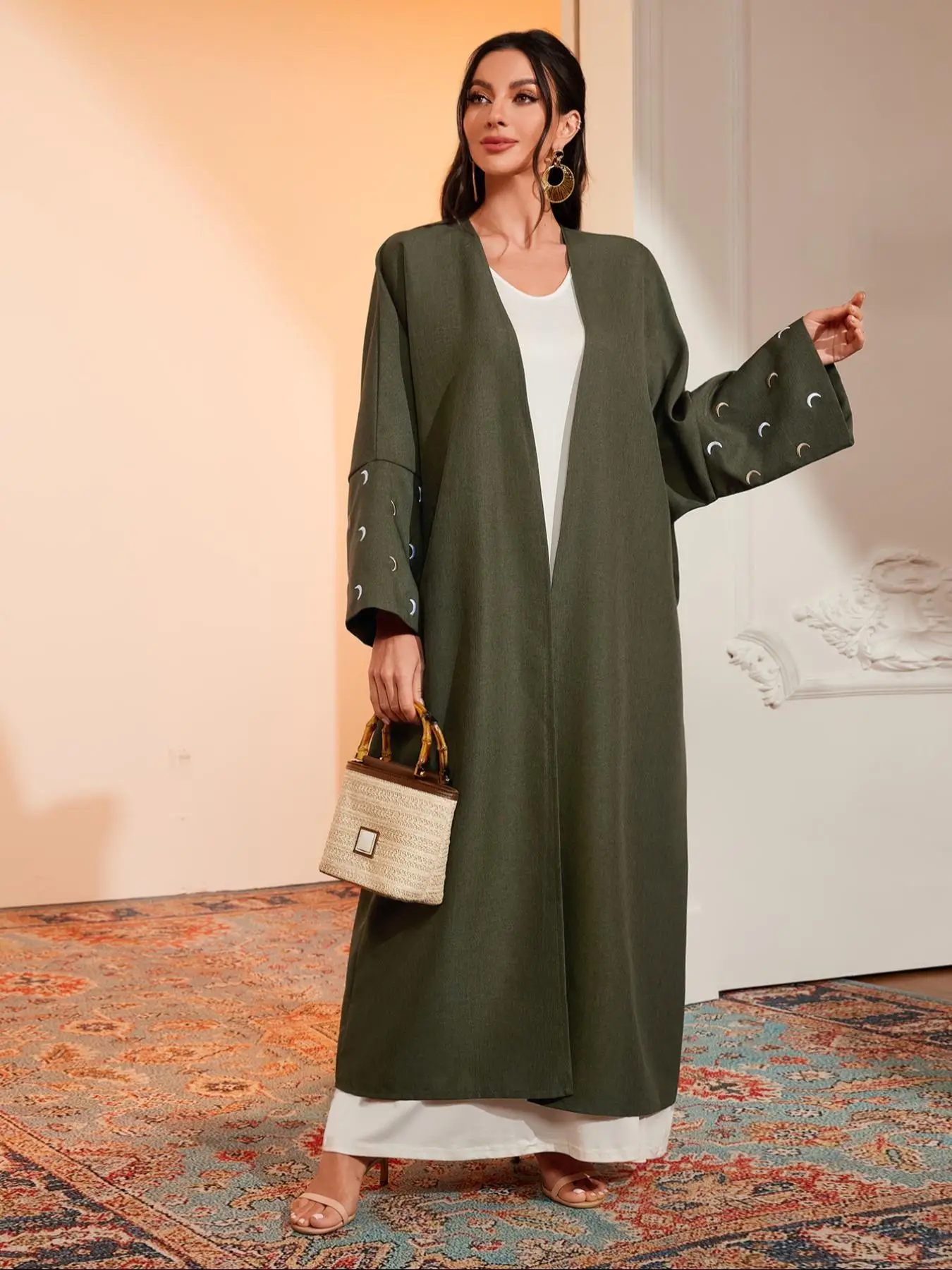 Women's Moon Print Drop Shoulder Abaya, Summer Outfits 2024, Modest Long Sleeve Arabic Clothing for Spring & Fall, Fashion Women's Islamic Clothing fo