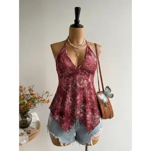 ICON Burgundy Halter Tank Top For Women Boho Style Knitted Fabric Regular Length