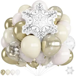 White Gold Snowflake Balloon Set Metallic Cream Balloons with Foil for Winter Party Decoration
