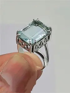 Vintage Bohemian Silvery Rectangular Imitation Aquamarine Ring | Inlaid Synthetic Cubic Zirconia | Women's Single Ring, Birthstone Ring, Statement Rings, Engagement Anniversary Commemorative Jewelry Gift Daily Vacation Gift From A Best Friend