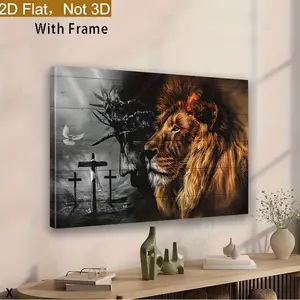 2D Flat Framed 2D Surface, Frame, 1 Piece Wooden Frame Canvas Painting, Lion of Judah Canvas Poster, Religious Theme Picture Print Painting, Wall Art, Artwork, Used for Office, Bathroom, Living Room, Decoration, Inspirational Quotes, Canvas Wall Art,