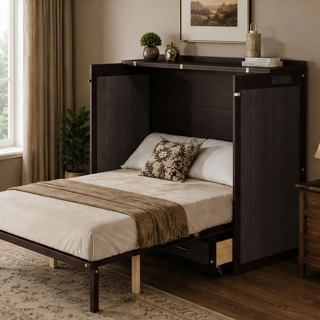 Queen Size Murphy Bed Cabinet with USB Charging Station, Vertical Foldaway Wall Bed with Drawers, Space Saving Hidden Bed with Safety Lock & Anti-Tip Device, Pine Wood Coffee Finish for Home Office Guest Room, Queen Size Options