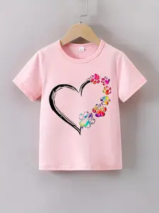 Heart Graphic Print Creative T-Shirts, Soft & Elastic Comfy Crew Neck Short Sleeve Tee, Girls' Summer Tops Fruit Tshirt