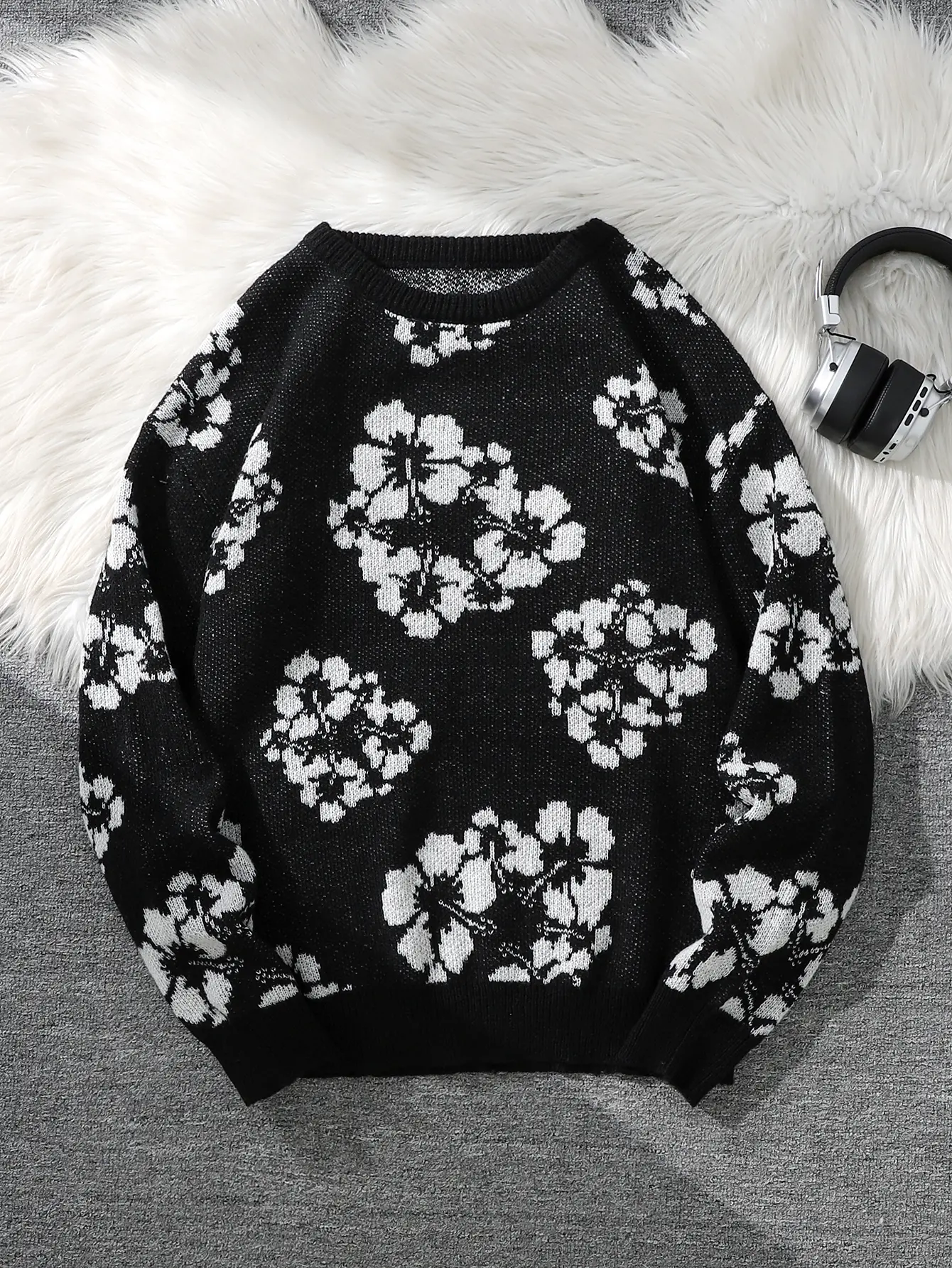 Men's Fitted Cut Stretch Ribbed Knit Pullover Sweater - Fall Winter All-Over Floral Print Casual Round Neck Top, Cool Gift for Him (Menswear Casual Wear)