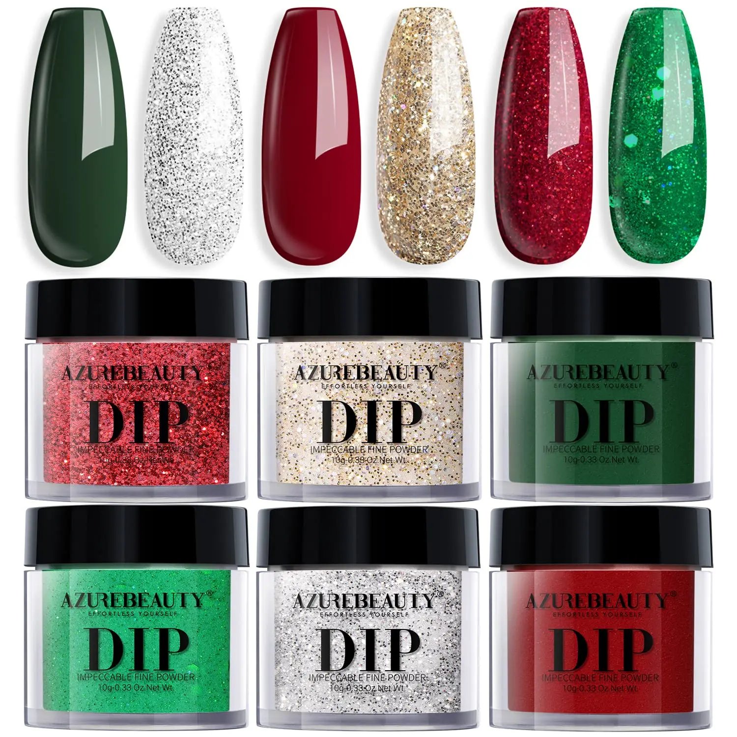 Dip Powder Nail Set - 6 Colors Glitter Red, Green, Silver & Gold for DIY French Manicure, Sparkling Nail Art Kit, No UV Lamp Needed