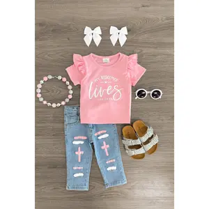 "My Redeemer Lives" Pink Denim Pant Set