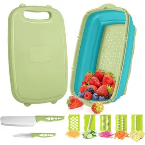 9-in-1 Collapsible Chopping Board with Colander,Kitchen Vegetable Washing Basket for Camping,Camping Gifts Camping Accessories for RV Campers,Christmas Party Gifts Set,Hand Tools Kits