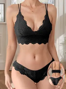 Women's Lace Bralette Set, Wireless Comfortable Breathable Antibacterial Lingerie Underwear, Soft Skin-Friendly Fabric, Perfect for Home Sleep Date