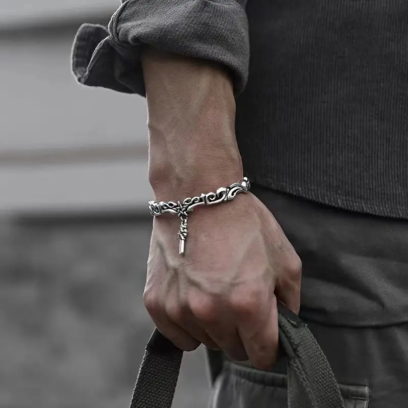 925 Sterling Silver Thai Handmade Mens Bracelet Vintage Open Bangle Twisted Cuff