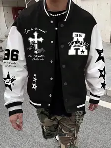 Men's Cross & Letter Print Button Front Varsity Jacket, Regular Fit Casual Preppy Style Long Sleeve Pocket Baseball Collar Outerwear for Fall & Winter, Men's Clothes for Daily Wear