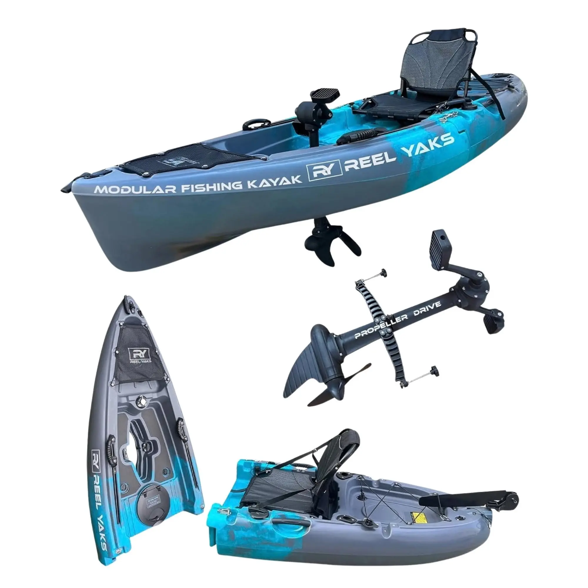 Reel Yaks 9.5ft Raptor Modular Pedal Fishing Kayak Cyan Gray | Propeller Drive | 380lbs Capacity | HDPE | No Roof Rack Needed