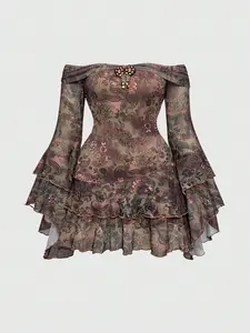 ROMWE Plus Size Hippie Off-Shoulder Paisley Print Mini Dress | Ruffled Ribbon & Lace Flare Sleeve Vintage Dress