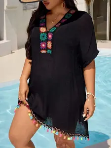 Plus Size Floral Lace Patchwork V-Neck Beach Cover Up - Boho Swimsuit Tunic for Vacation