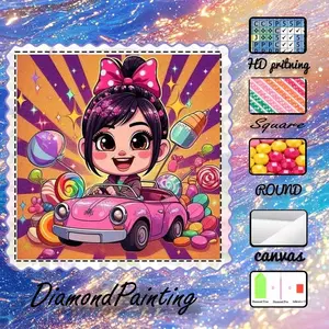 5D-DIY, premium velvet canvas, diamond art, diamond painting kit, cute girl, pink car, colorful candy. AB diamonds, fairy dust diamonds, crystal diamonds, perfect home decor, handmade diamond art painting kit, special craft diamond art kit.