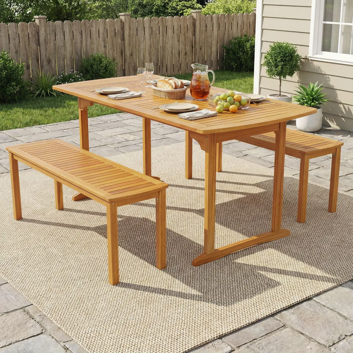 Spaco 63-Inch Modern Rectangular Acacia Wooden Outdoor Dining Table - Slatted Top, Umbrella Hole, Outdoor Living Furniture - for Garden, Deck Entertaining, Wooden Outdoor Table