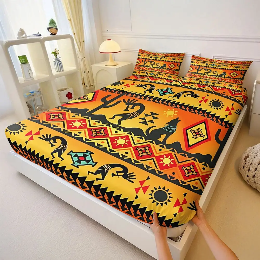 3PcsSouthwestern Native American Inspired Fitted Sheet Set, Bold Black Red Yellow Orange Kokopelli Sun Cactus Pattern Bedding Set, Flat Graphic Digital Printed Bedspread,Includes 2 Pillowcases, No Pillow Core