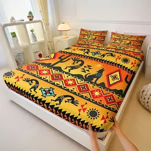 3PcsSouthwestern Native American Inspired Fitted Sheet Set, Bold Black Red Yellow Orange Kokopelli Sun Cactus Pattern Bedding Set, Flat Graphic Digital Printed Bedspread,Includes 2 Pillowcases, No Pillow Core