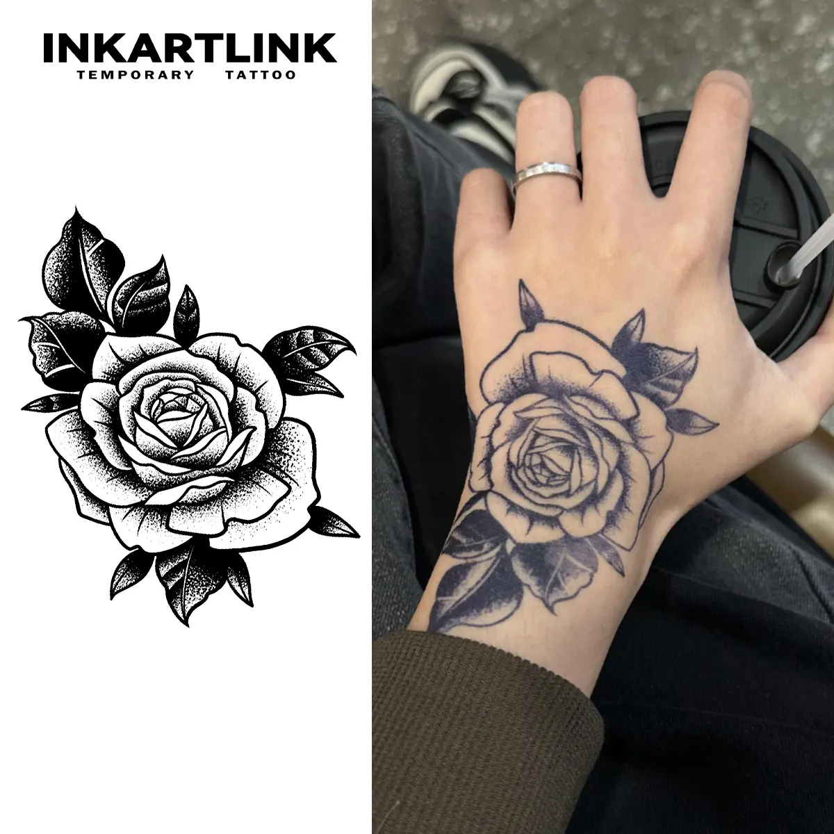 INKARTLINK Semi-Permanent Sticker Tattoos - 2 Sheets Ink Rose-2 Adult Art Design, Realistic Temporary Tattoo, Waterproof, No Adhesive, No Reflection, All Skin Types, Lasts 1-2 Weeks, Ideal for Swimming, Party