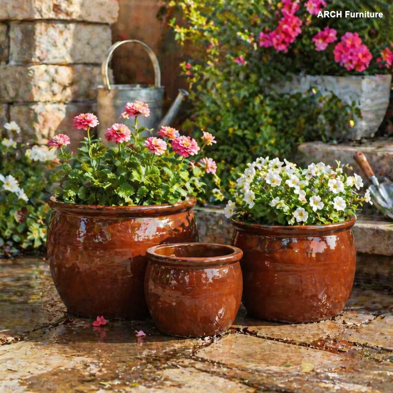 3-Piece Handcrafted Rust-Red Clay Pottery Plant Pots (15/12/9 in Dia) - Glazed, Decorative, Drainage Holes for Root Health, Rustic Ceramic Design for Indoor Tables, Outdoor Balconies